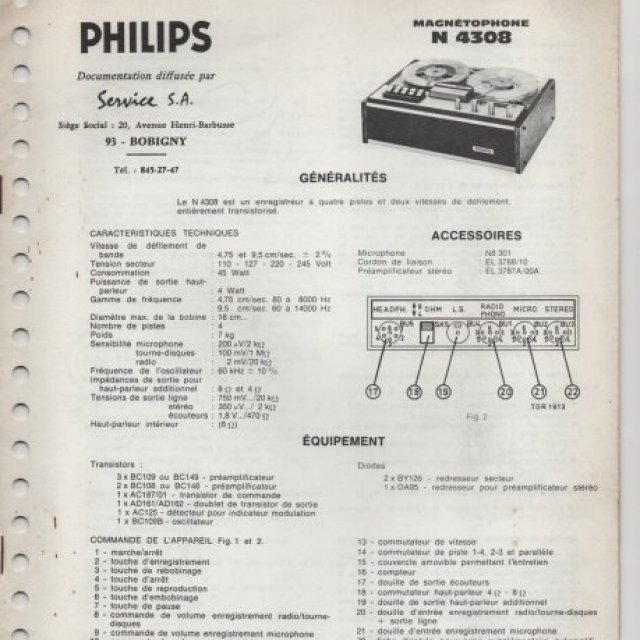 1 lot de 7 docs de magnétophone Phlips 3534 à N 4308